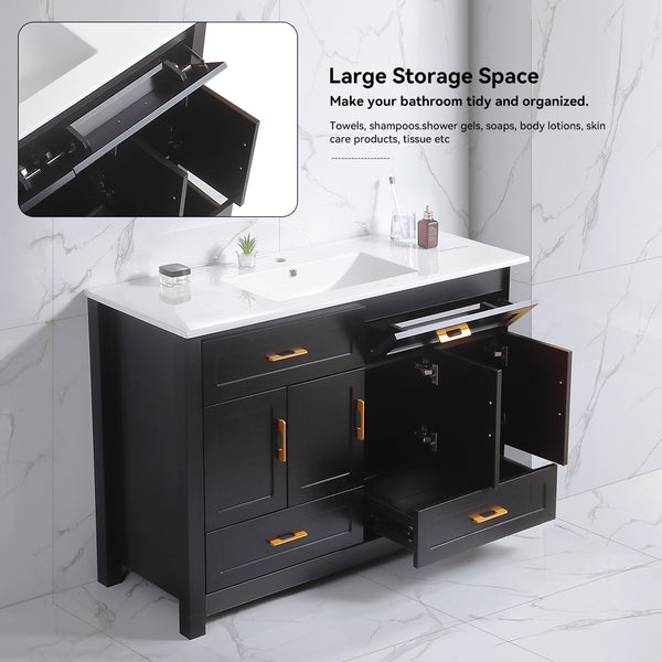 English Elm 48" Matte Black Bathroom Vanity with Ceramic Basin 4 Soft Close Doors and Drawers W3133P281660