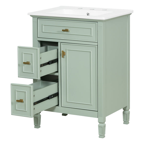 English Elm 24-Inch Bathroom Vanity with Sink, Solid Wood & MDF, Ceramic Top, Gold Handles, Flip Drawer Design Green N725P350824F