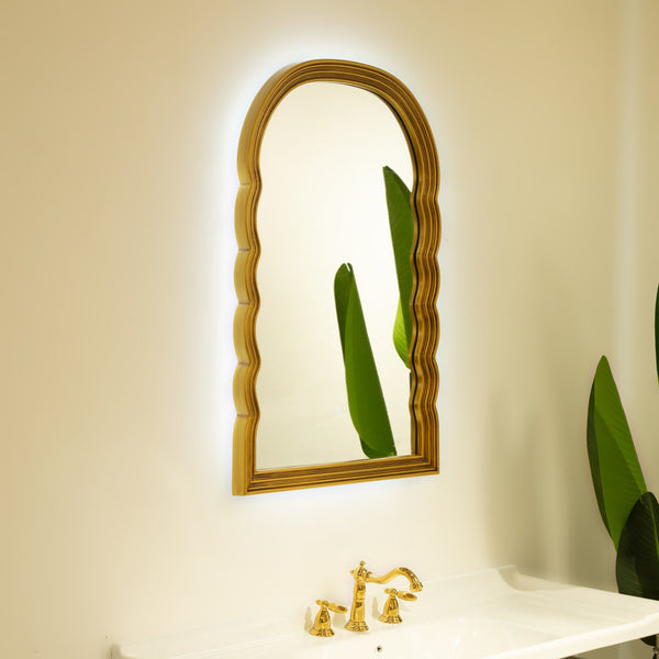 English Elm 24'' Lumina Mirror - Golden Scalloped Arched PU Frame with Adjustable 3-Color LED Light, Elegant W2615P346502