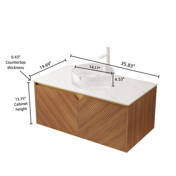 English Elm RUBEN 36" Bathroom Vanity with High-Hardness Marble Ceramic Basin, Twill Wood Doors & Soft-Close SystemRUBEN 36" Bathroom Vanity with High-Hardness Marble Ceramic Basin, Twill Wood Doors & Soft-Close System Brown Oak,Carrara White,Transparent W2615S00322
