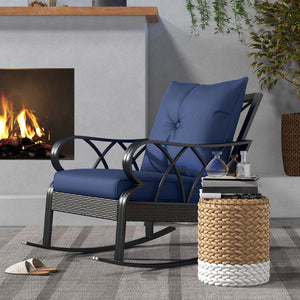 English Elm Outsunny Outdoor Wicker Rocking Chair With Plush Cushions - Stylish Garden & Patio Rocker In Navy Blue W2225P174017-GIGA