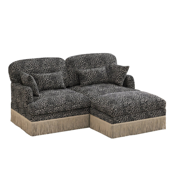English Elm Comfy Chenille Leopard Print Loveseat with Tassel Trim Movable Ottoman Living Room Khaki W5656S00020