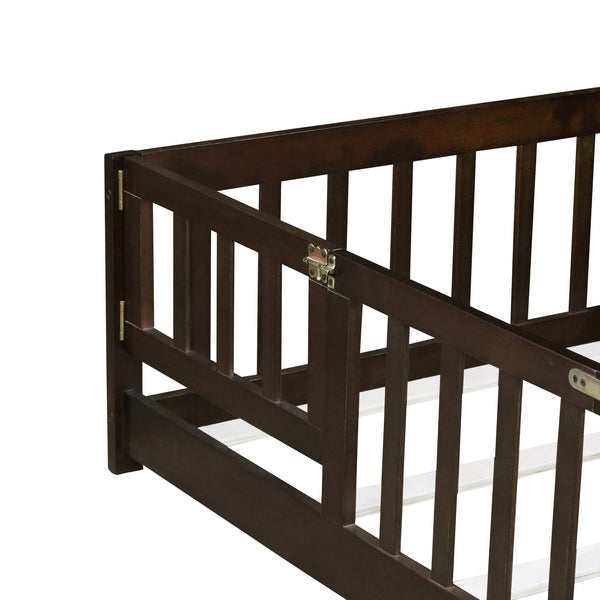 English Elm Twin Low Profile Rubberwood Floor Bed with Full Safety Fence for Toddler Rooms Espresso W504P429279
