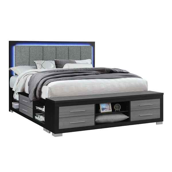 English Elm EMILIA Queen Bed with Bookcase Headboard, LED Lighting, Drawer Footboard & Side Rail Storage, Black/Grey B201S00373