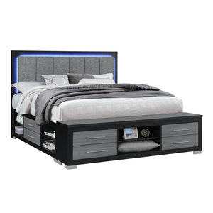 English Elm EMILIABLACK Full Bed with Bookcase Headboard, Underbed Drawer Storage, LED Lighting & Block Feet Black+Grey 83.9 L x 18.35 W x 21.14 H B201S00371
