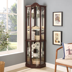 English Elm Glass Corner Curio Cabinet Lighted Dark Wood Display with Carved Crown Floral Detail Cherry W2275P292645