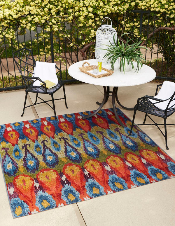 Unique Loom Outdoor Modern Ikat Machine Made Ikat Rug Multi, Burgundy/Gold/Green/Navy Blue/Orange/Red/Olive 5' 4" x 6' 1"