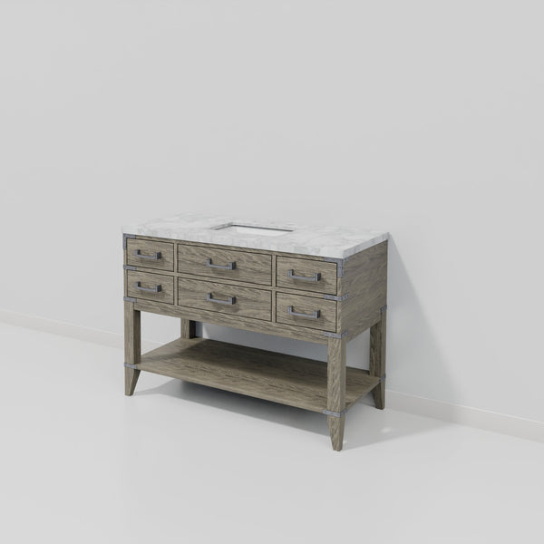English Elm Grey Oak Single Bath Vanity 48" W x 22" D with Carrara Marble Top, Solid Wood, Soft-Close Drawers B2731P260225