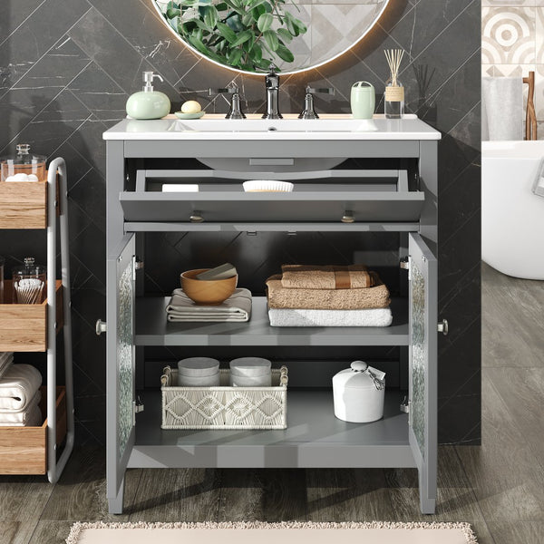 English Elm Christopher Knight Home® - 30" Bathroom Vanity with Ceramic Sink, Solid Wood Legs, Adjustable Shelf, Tip-Out Tray, Soft-Close Hinges, Silver Knobs, Moisture-Resistant Finish Gray N817P286250G