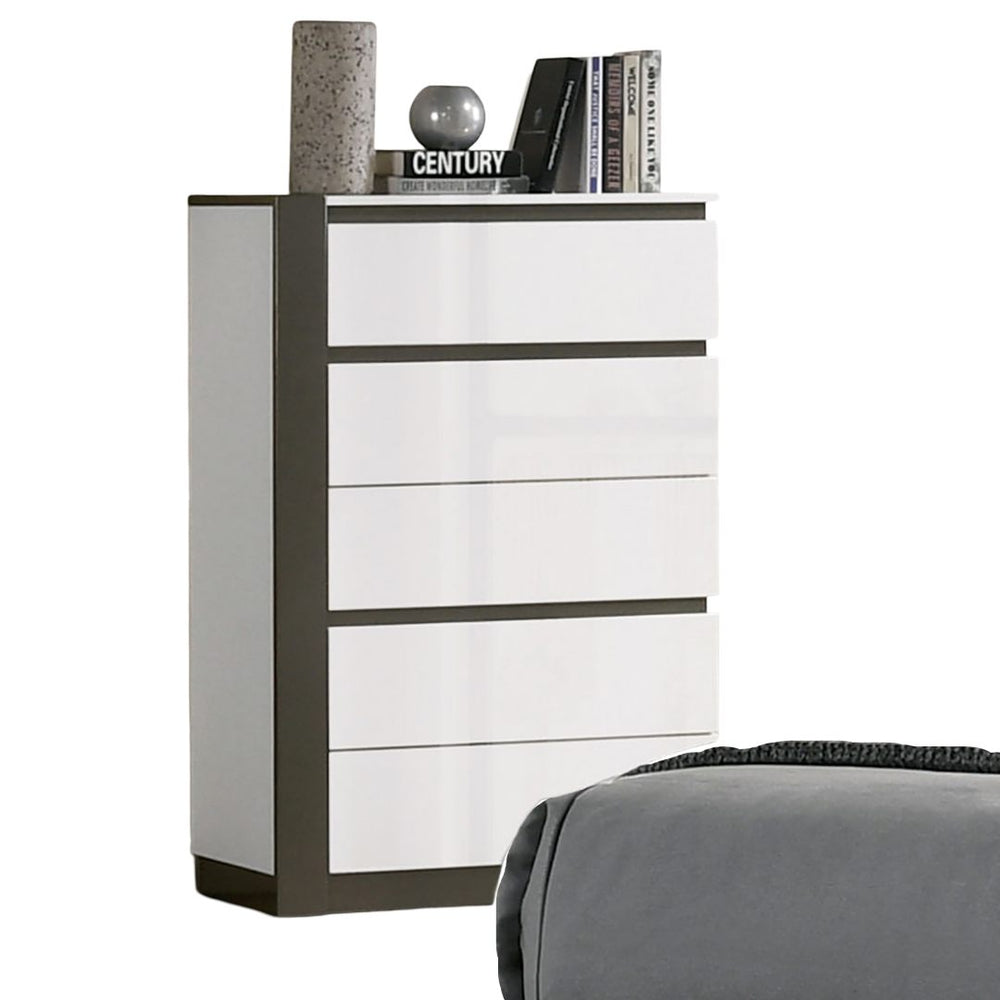 English Elm Contemporary Modern Two-Tone Chest with Concealed Pulls, High-Gloss Finish and Asymmetric Design Metallic Grey,White 35 L x 21 W x 52 H B2741P380257