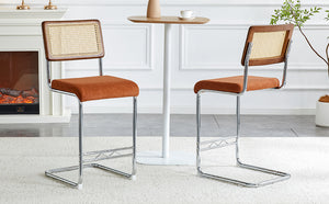 English Elm Natural Rattan Backrest Counter Stools Set of Two with Velvet Seat and Chrome Legs W2920P395621