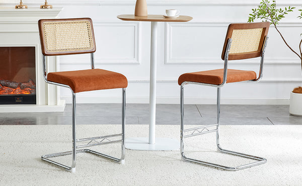 English Elm Natural Rattan Backrest Counter Stools Set of Two with Velvet Seat and Chrome Legs W2920P395621