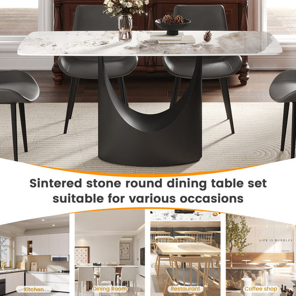 English Elm 63" Modern Artificial Stone Dining Table With Curved Design & Black Iron Legs - Seats 6-8 Comfortably W1535S00560