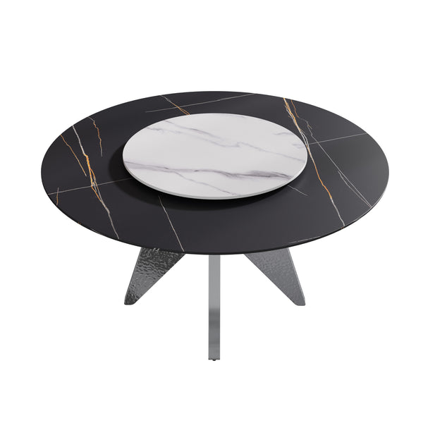 English Elm 59.05" Round Marble Dining Table With Silver Stainless Steel Base & 31.5" Lazy Susan For 6-8 Guests W1535S00393