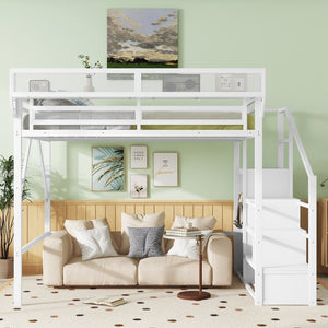 English Elm Queen Metal Loft Bed with Wardrobe Stairs and Mesh Shelves for Teen Bedroom W2580S00057