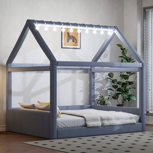 English Elm Full Size Upholstered House Daybed With Led Light Strips, Cozy Grey Corduroy For Stylish Spaces N7500001335E