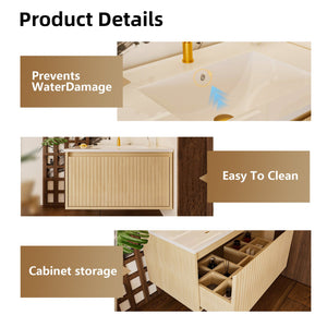 English Elm 30 Inch Bathroom Vanity with Sink — Floor-Standing Stability, Soft-Close Drawers, Ample Storage, Durable Finish Natural Wood 35.47 L x 21.85 W x 8.07 H W3520S00011