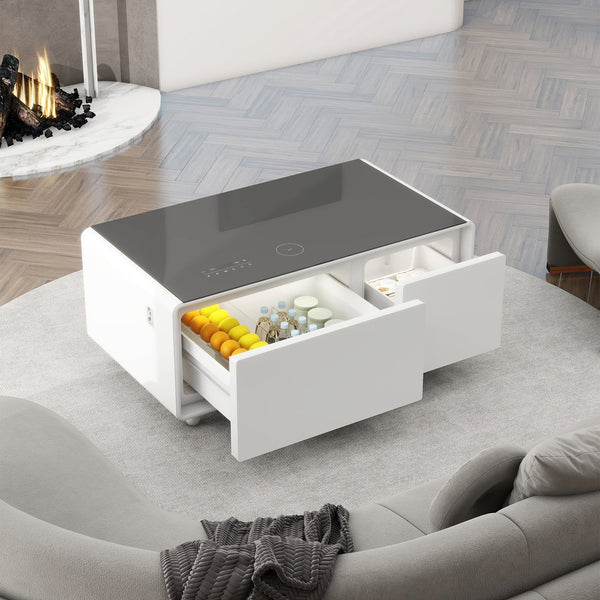 English Elm Modern Smart Coffee Table With Mini-Fridge, Bluetooth Speaker, Wireless Charging & Mood Lighting W1172P178882
