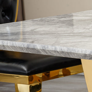 English Elm Marble Dining Table For 6, 70'' Rectangular Faux Marble With Mirrored Stainless Steel Base, Modern Elegance W3456S00026