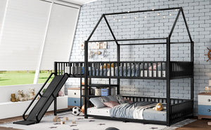 English Elm Full Metal House Bunk Bed with Slide Storage Stairs and Safety Rails for Kids W1580S00345