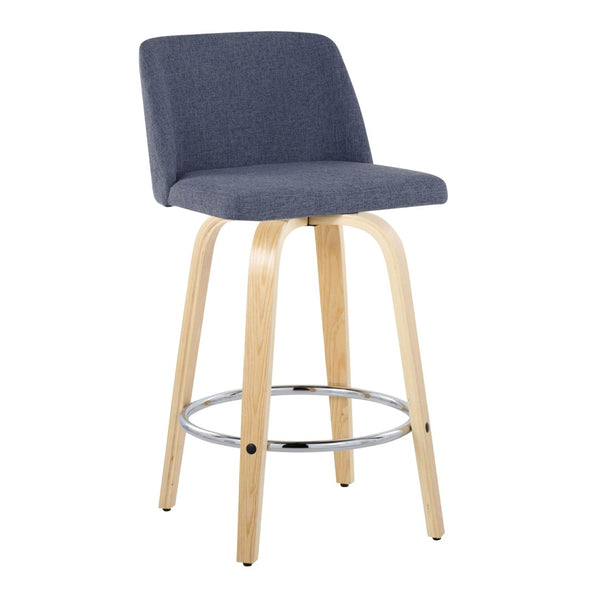 English Elm Toriano 26" Fixed Height Counter Stool Set Of 2 - Swivel Blue Fabric & Natural Wood With Chrome Footrest B202S00404-GIGA