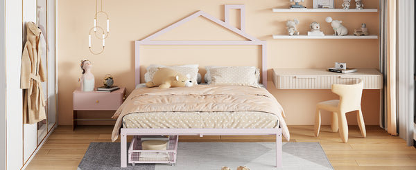 English Elm Full Metal Platform Bed with House-Style Headboard, Two Smooth Storage Drawers, Sturdy 350lb Capacity Pink MF320571AAH