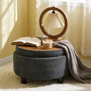 English Elm 25 Inch Round Fabric Pouf Ottoman with Removable Wooden Lid and Hidden Interior Storage Dark Grey W5568P461310