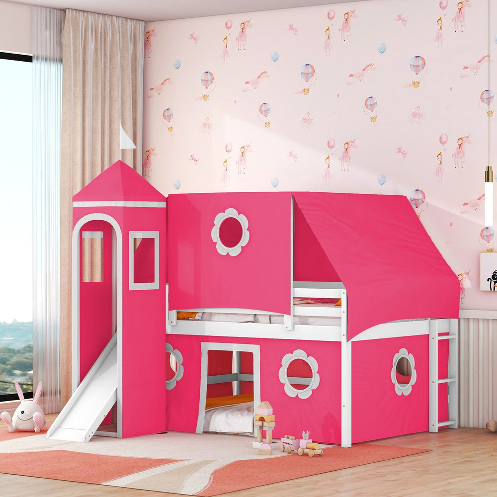 English Elm Full Size Kids Castle Loft Bed with Slide Tent Tower Pinewood Play Zone LT000772AAH-2