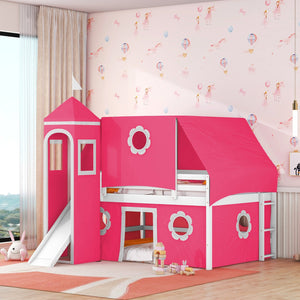 English Elm Full Size Kids Castle Loft Bed with Slide Tent Tower Pinewood Play Zone LT000772AAH-2