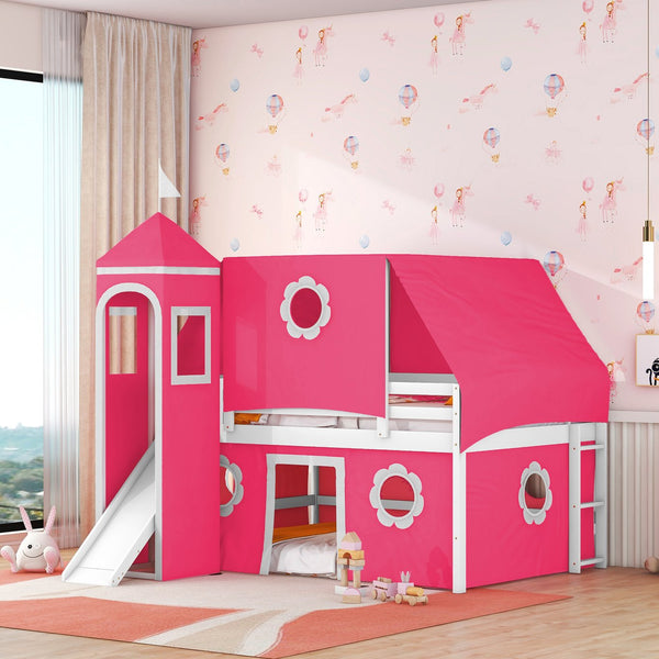 English Elm Full Size Kids Castle Loft Bed with Slide Tent Tower Pinewood Play Zone LT000772AAH-2