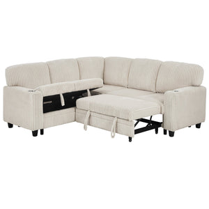 English Elm L-shaped Sectional Sleeper Sofa with Hidden Storage Usb Charging Corduroy Upholstery Beige W1998S00093