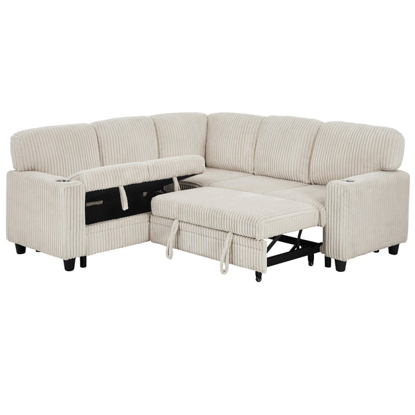 English Elm L-shaped Sectional Sleeper Sofa with Hidden Storage Usb Charging Corduroy Upholstery Beige W1998S00093