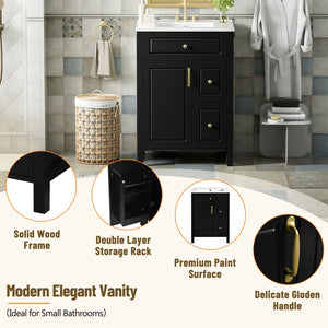 English Elm 24-Inch Bathroom Vanity with Ceramic Sink, Soft-Close Door & Drawers, Gold Handles, Durable Wood Elegance Black N729P192078B