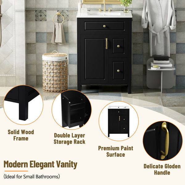 English Elm 24-Inch Bathroom Vanity with Ceramic Sink, Soft-Close Door & Drawers, Gold Handles, Durable Wood Elegance Black N729P192078B