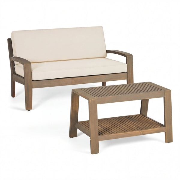 English Elm 2-piece Outdoor Acacia Wood Loveseat Set with Water-resistant Cushions for Patio Decks 57976.00SETFGRY_57976.00SETCUSH-BEISKIN