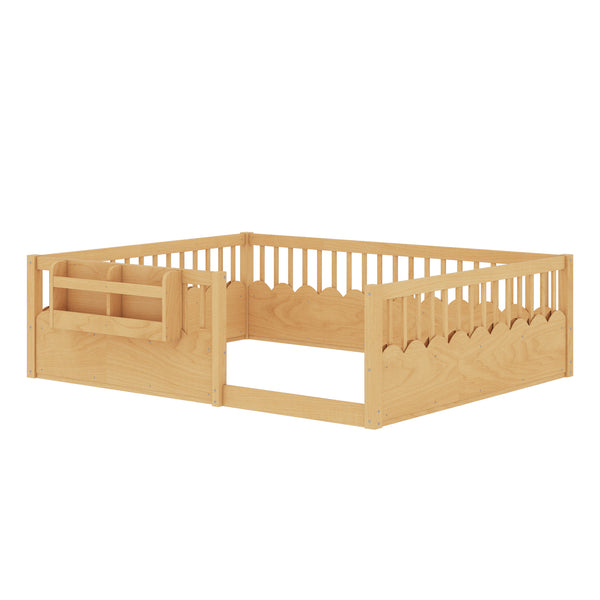 English Elm Queen Low Profile Kids Floor Bed with Guardrails Bookshelf and Pine Wood Frame Natural W1580P373143