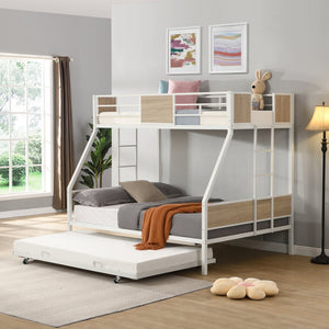 English Elm Twin Over Full Metal Bunk Bed with Trundle, Space-Saving Platform, Built-In Storage & Guardrail Brown+White 80.51 L x 13.98 W x 8.34 H W2297P216479