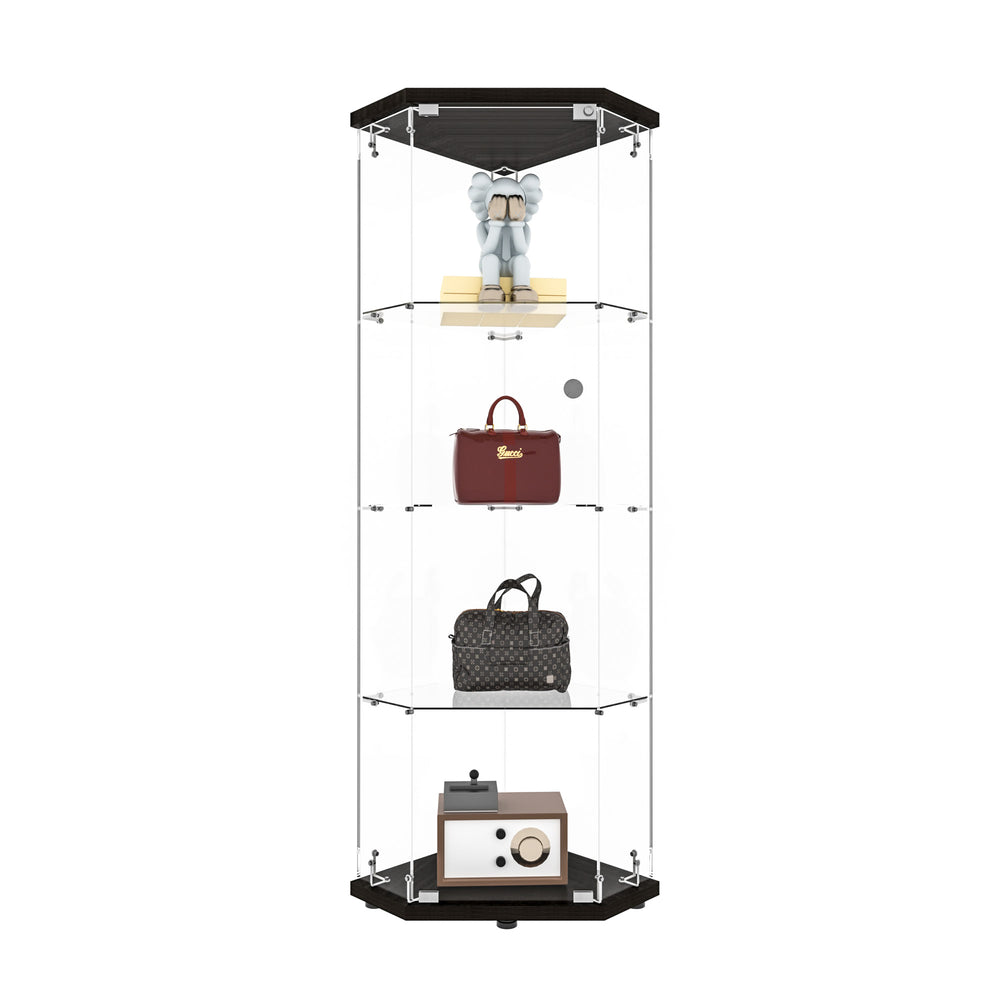 English Elm Glass Pentagon Curio Cabinet Frameless Tempered Shelves Matte Black Living Room Display W1806P476368
