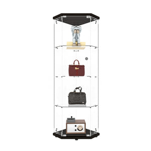 English Elm Glass Pentagon Curio Cabinet Frameless Tempered Shelves Matte Black Living Room Display W1806P476368