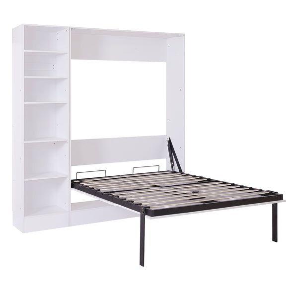 English Elm Full Size Murphy Wall Bed with Integrated Sofa Open Shelving White Cabinet Unit LP000795AAK