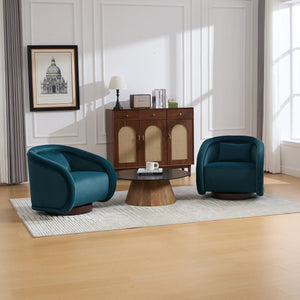 English Elm Swivel Barrel Chair Pumpkin Sculptural Velvet Upholstered with Walnut Wood Round Base Teal W3244P427742