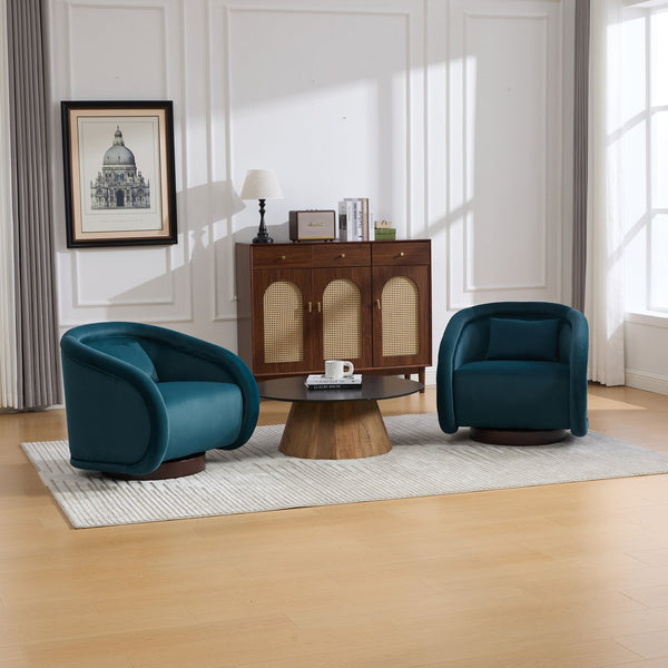 English Elm Swivel Barrel Chair Pumpkin Sculptural Velvet Upholstered with Walnut Wood Round Base Teal W3244P427742