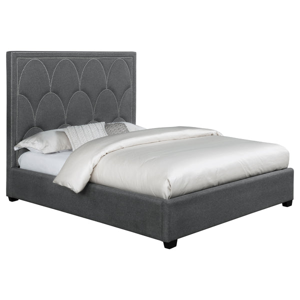English Elm Maille Charcoal Upholstered Queen Panel Bed With Scalloped Headboard & Stylish Nailhead Trim B062S01010
