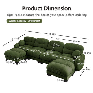 English Elm Pleated Chenille U-shape Modular Sectional Sofa with Ottomans and Ergonomic Foam Cushions Green W5656S00054