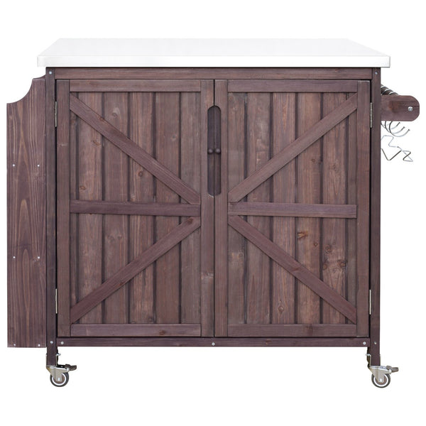 English Elm K&k Rolling Outdoor Kitchen Island Solid Fir Wood Stainless Steel Top Storage Cabinet Dark Brown N707P370287Z