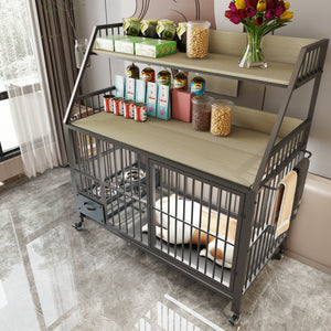 English Elm Large Pet Cage with Iron Frame Mdf Panels Storage Rack and Steel Feeding Basins Beige,Black W3064P245386