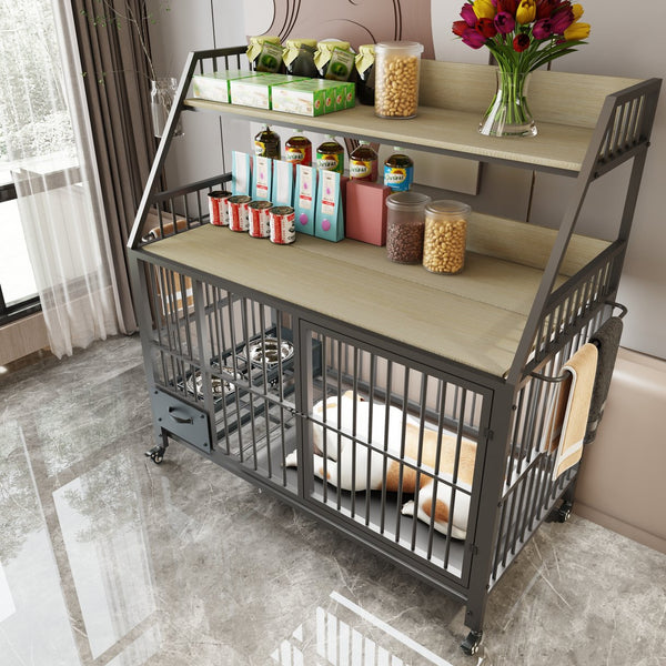 English Elm Large Pet Cage with Iron Frame Mdf Panels Storage Rack and Steel Feeding Basins Beige,Black W3064P245386