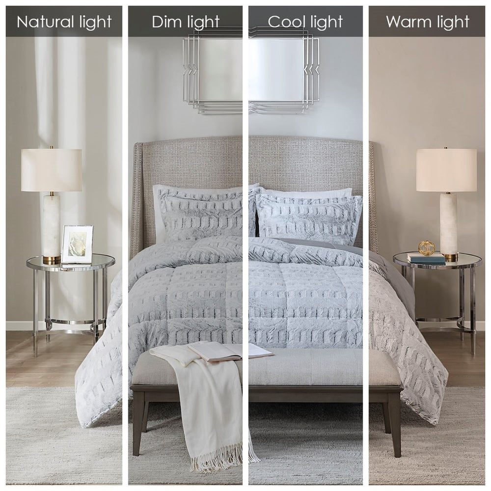 English Elm Twin/Twin Gia Reversible Back Print Long Fur Comforter Mini Set - Grey Faux Mink, Hypoallergenic Luxury B03597193