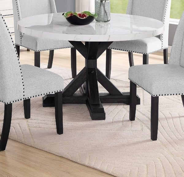 English Elm 1pc Round Faux Marble Dining Table 54" Glossy Top on Black Tapered Legs Modern Centerpiece White 57 L x 57 W x 11 H B011S00982
