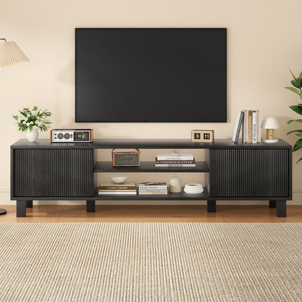 English Elm Modern Low Profile Media Console with Open Shelving and Concealed Cabinet Storage Black T3623P435424